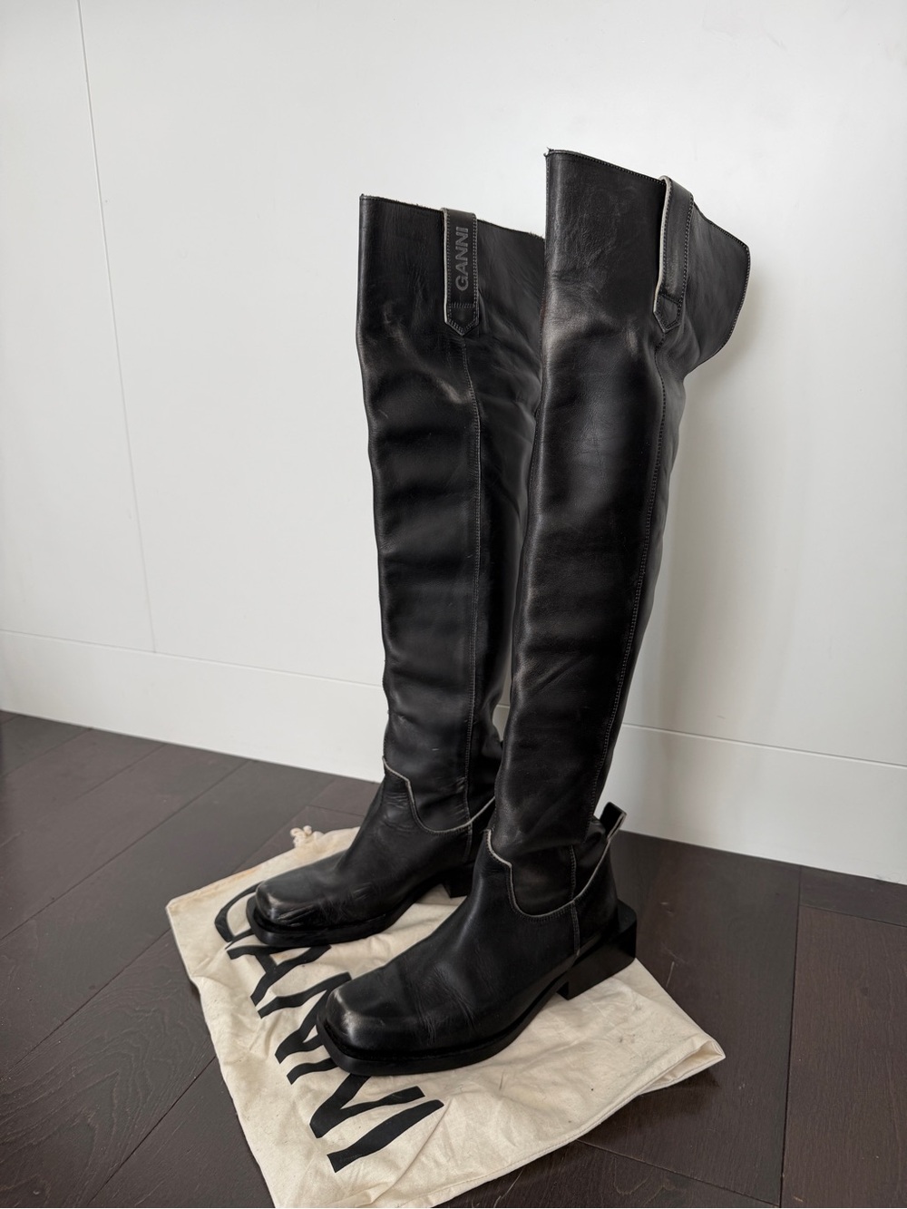 Ganni Black Over-The-Knee Leather Riding Boots